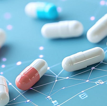 weiße Kapseltabletten auf blauem Hintergrund