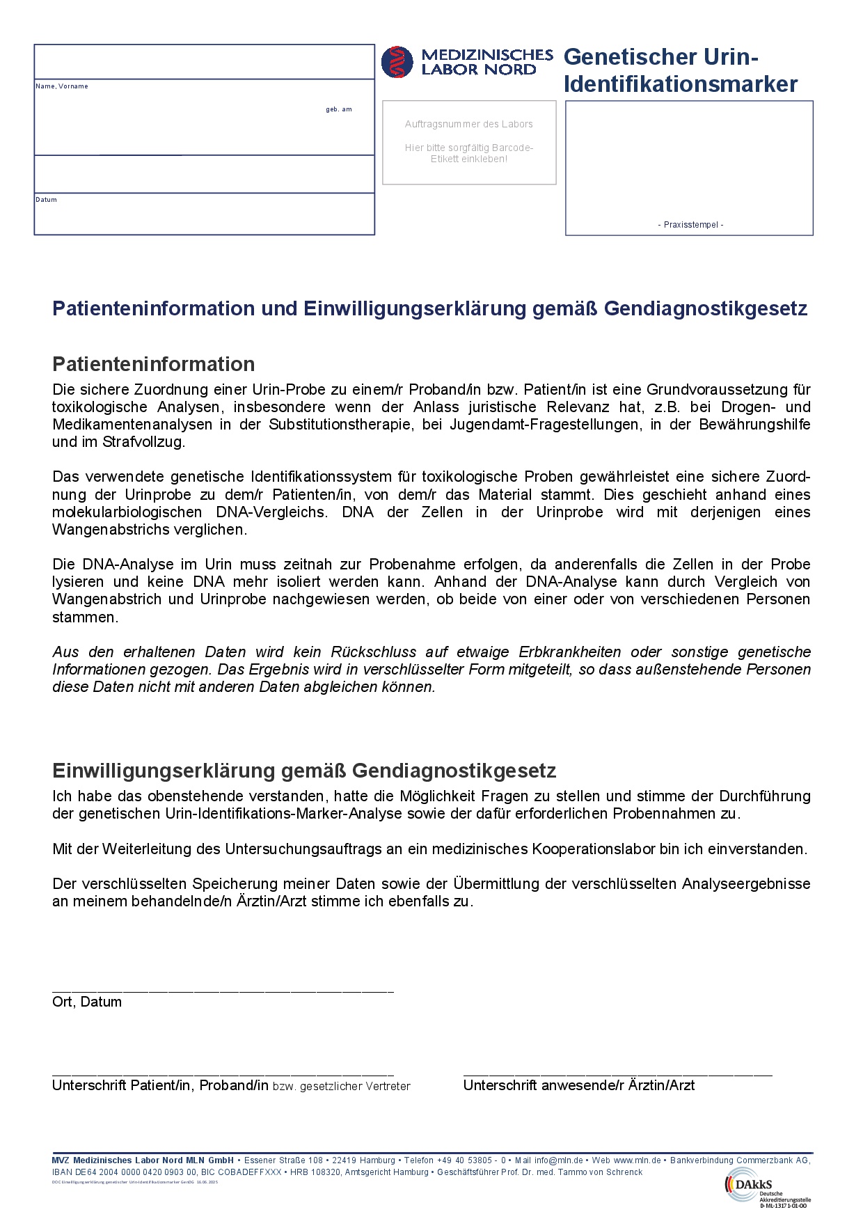 Begleitformular Genetischer Urin-Identifikationsmarker: Patienteninformation und Einwilligungserklärung