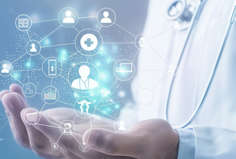 Flächige Anordnung weißer Zahlen unterschiedlicher Größe