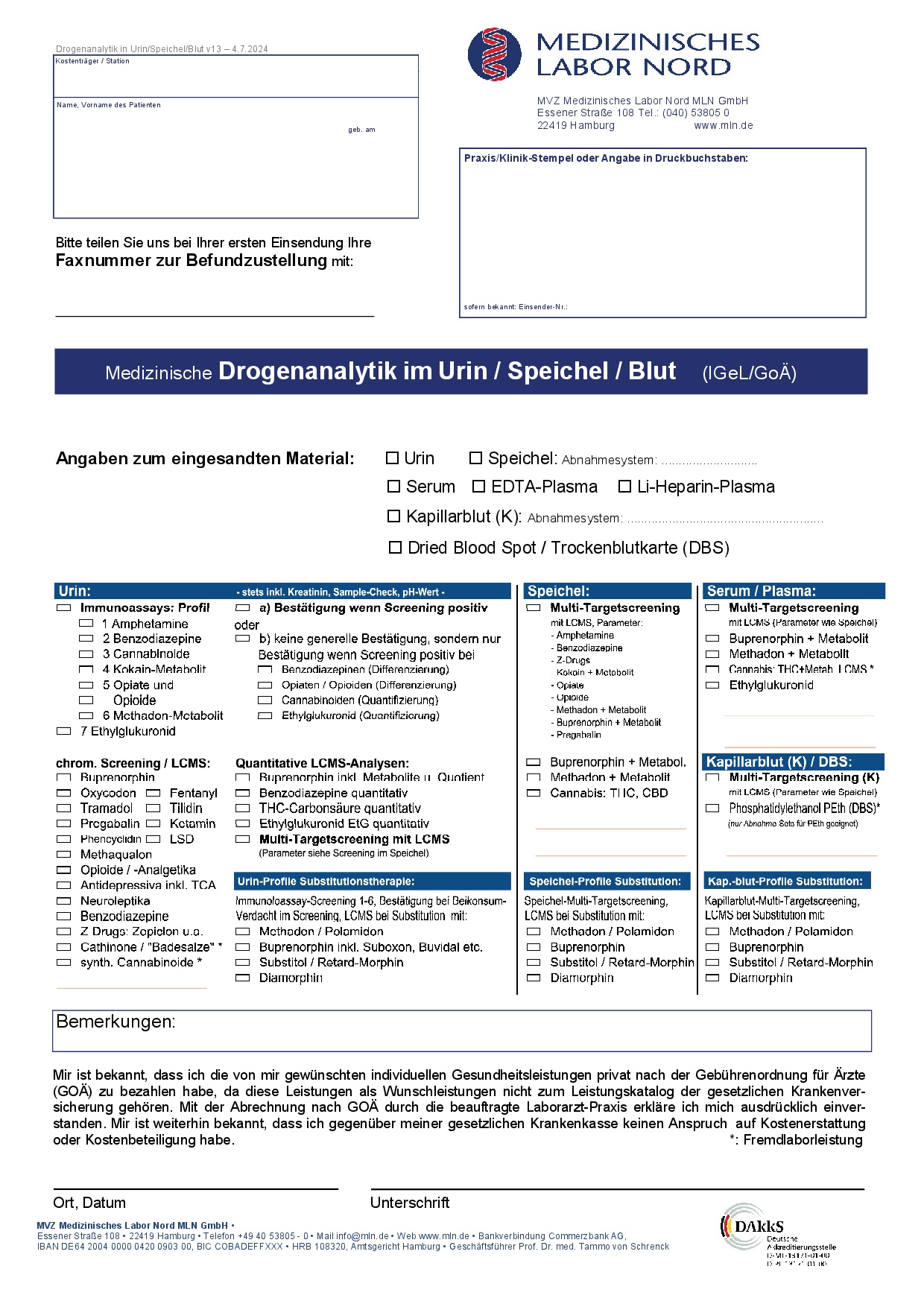 Anforderungsformular Drogenanalytik im Urin / Speichel / Blut